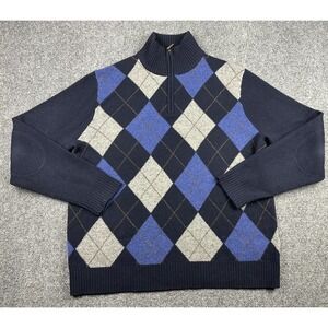 J Crew Argyle 100% Lambs Wool Argyle Pullover Sweater Men's Sz Large Blue Patch